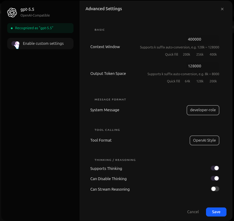 Advanced Settings panel for a custom API model