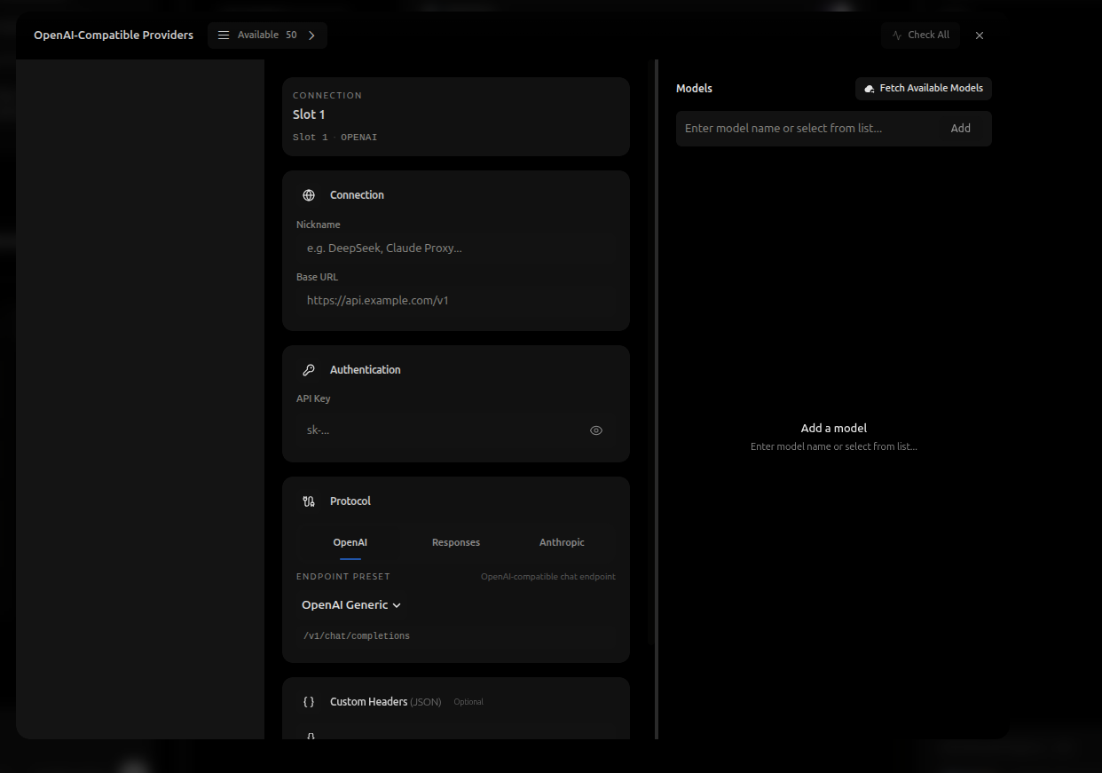 Connection section for a custom API provider with nickname, Base URL, API key, protocol, and models
