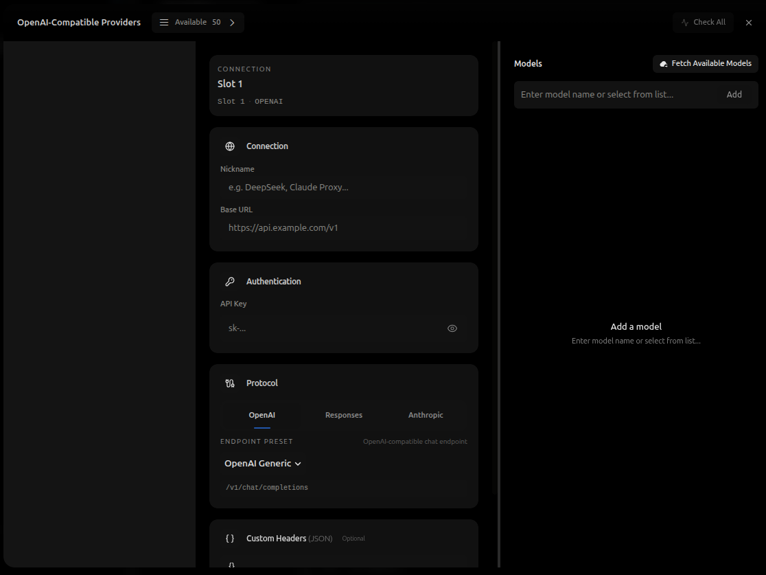 OpenAI-Compatible provider configuration panel with connection and model settings