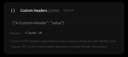 Custom Headers field with a JSON example and preset shortcuts