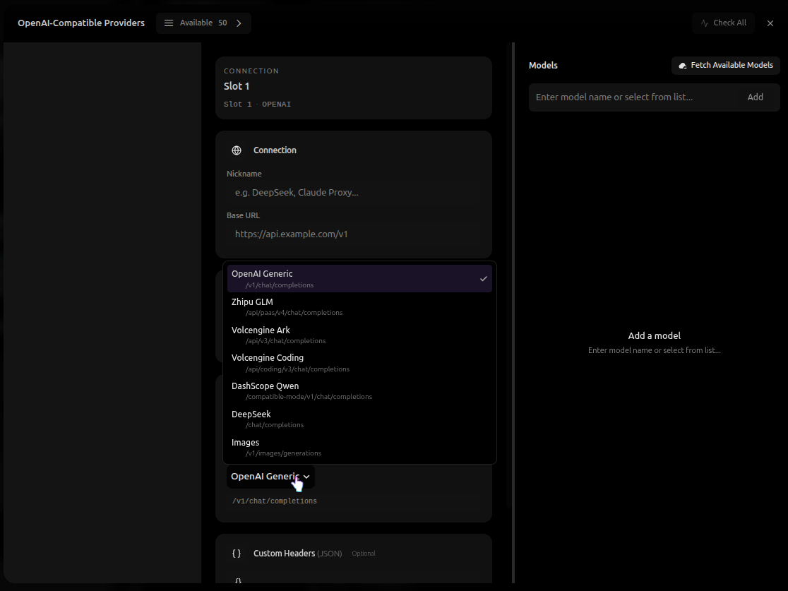Endpoint preset dropdown showing provider-specific request path options