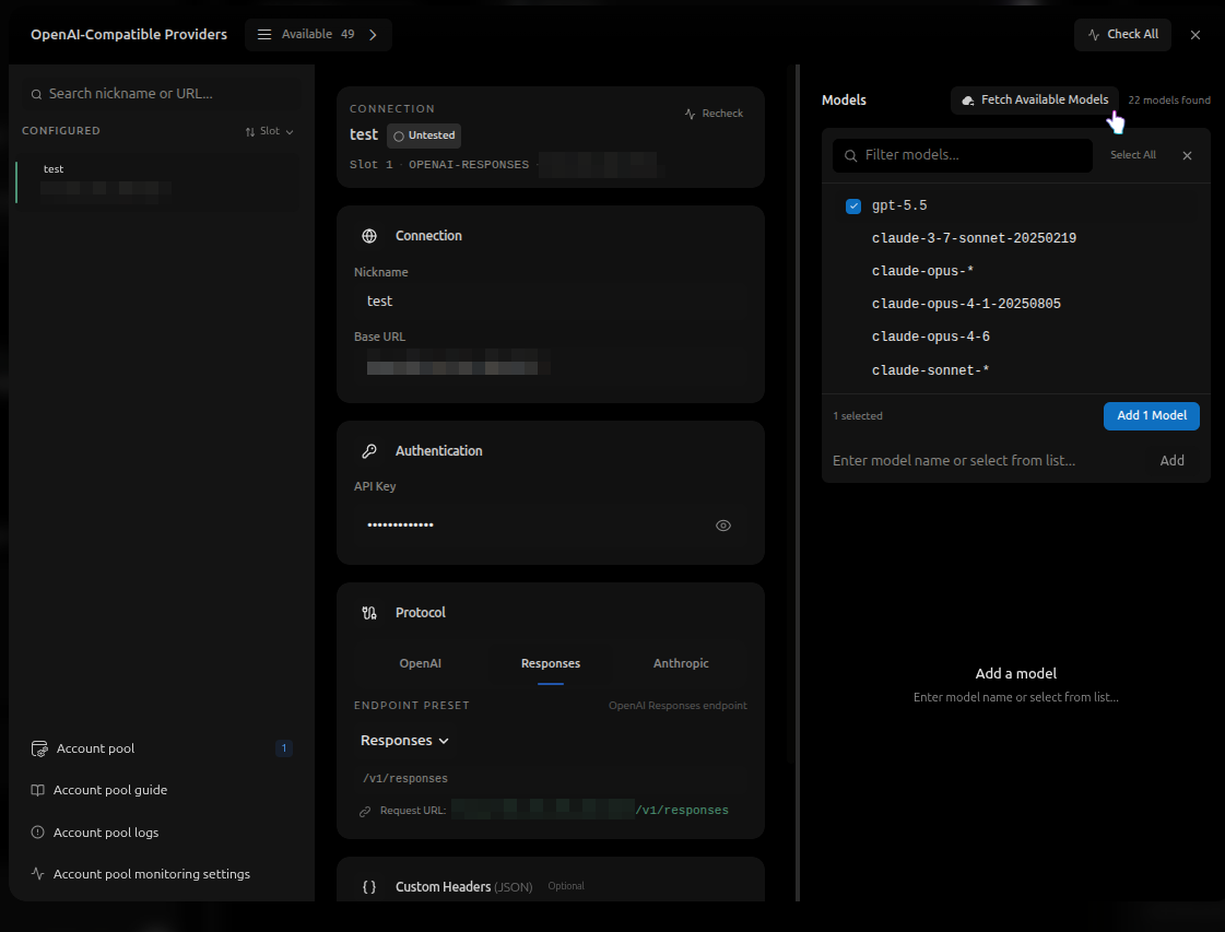 Fetch Available Models button with available models loaded in the selection list