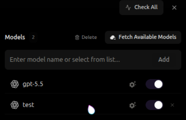 Model list with enable, disable, settings, and delete controls