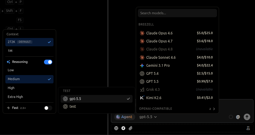 Model options panel with context and reasoning settings
