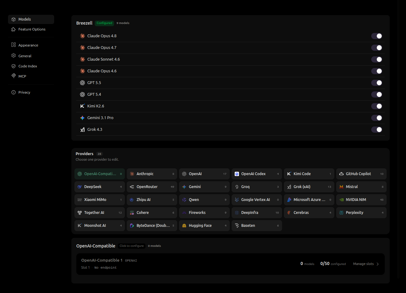Breezell Models page with the Providers section