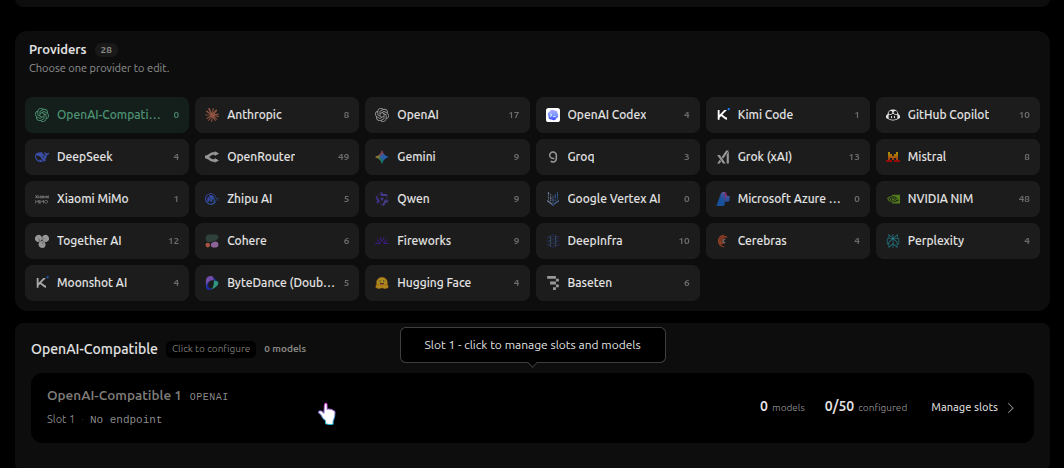 OpenAI-Compatible slot entry with the default slot and Manage slots action