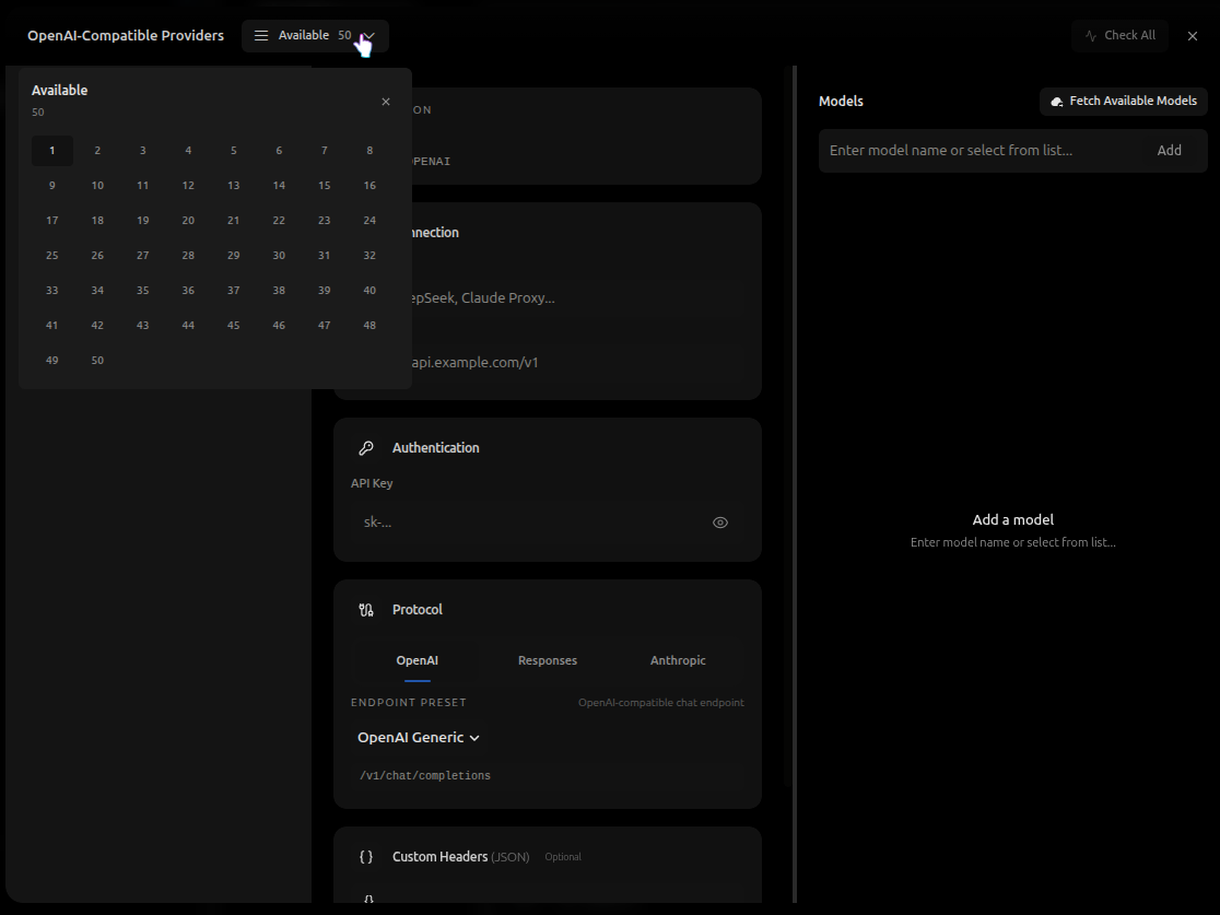 Available selector showing custom API slots from 1 to 50