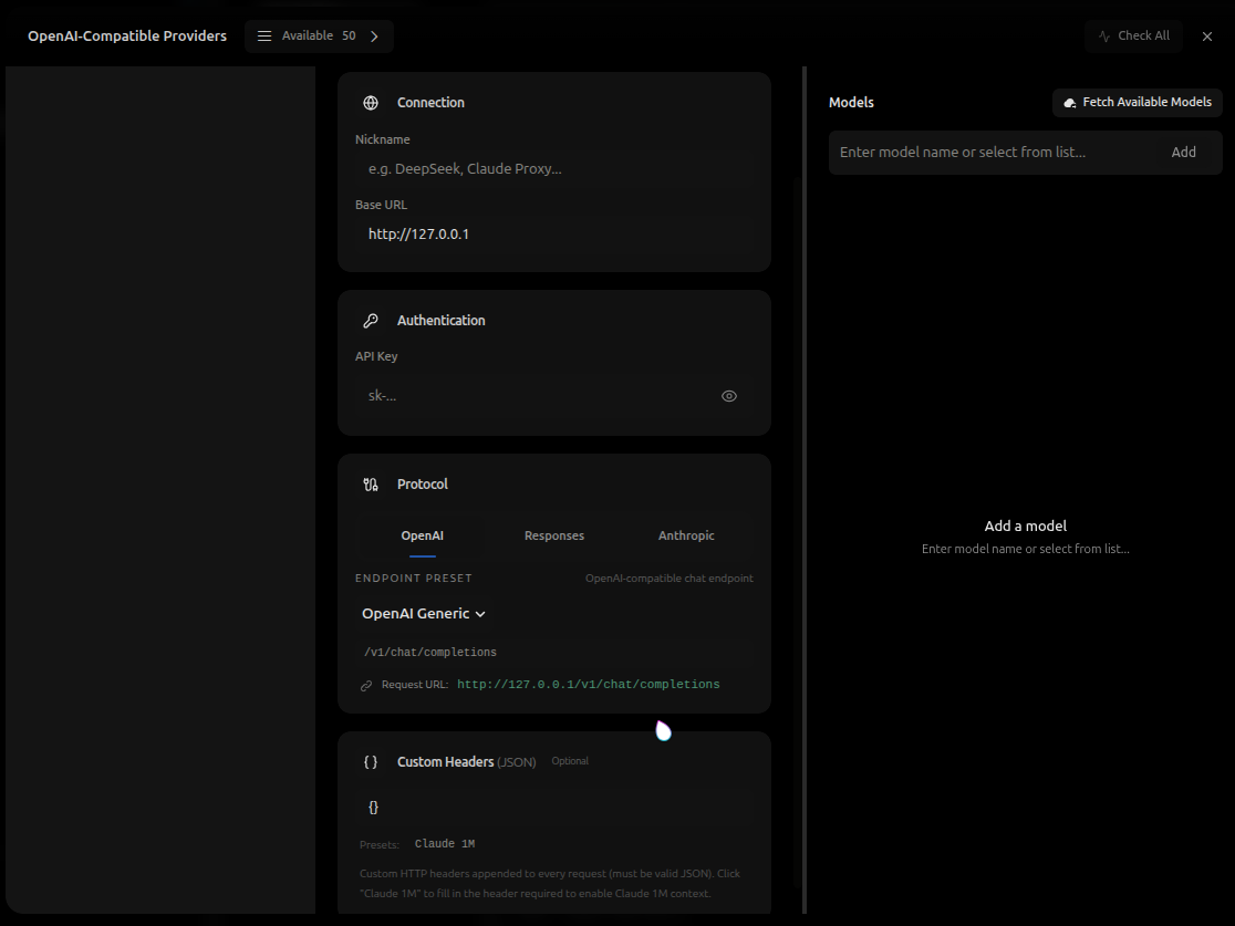 Request URL preview below the protocol section for an OpenAI-Compatible provider
