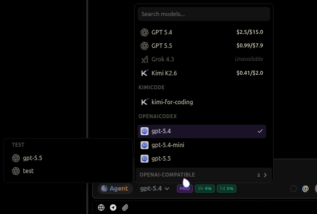 Model selector showing built-in models and the TEST custom provider group