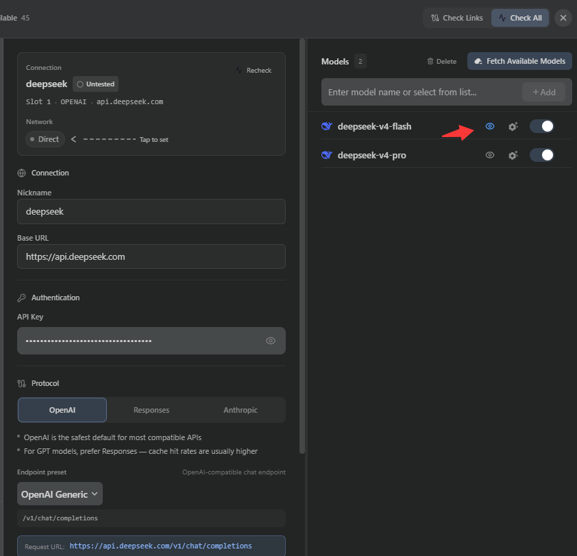 Model list with the Vision Proxy button highlighted