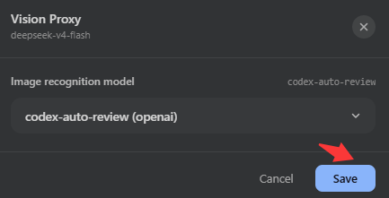 Vision Proxy dialog with image-recognition model selection and Save highlighted
