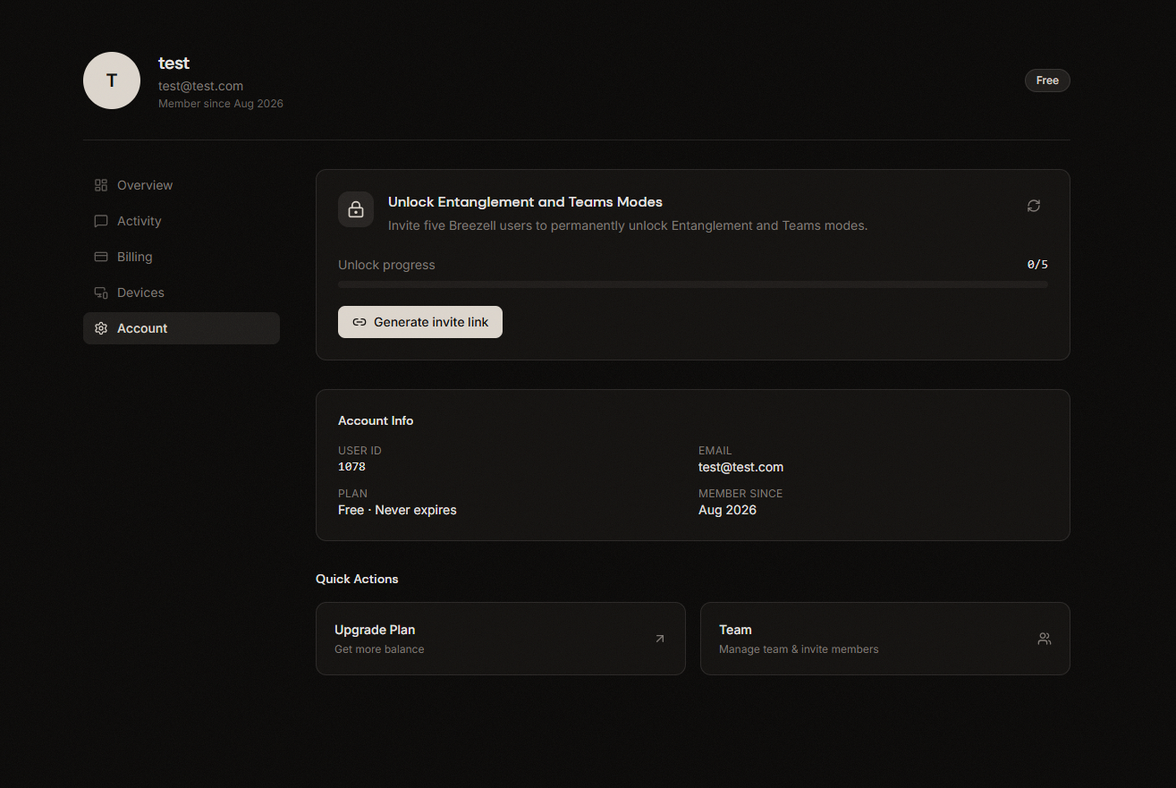 Account page with the Generate invite link button