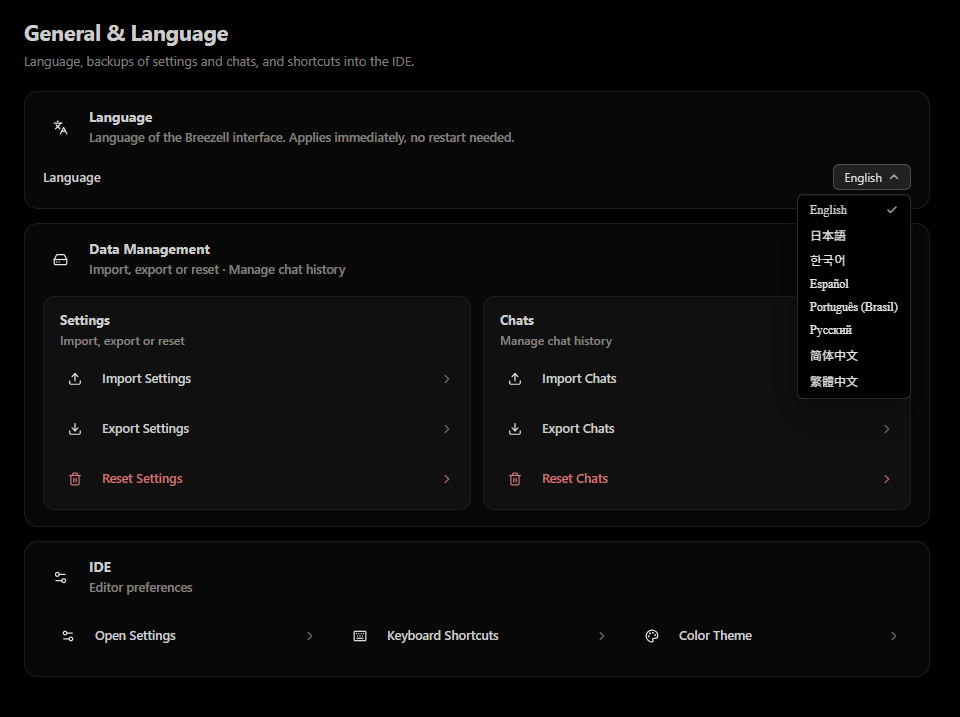 Language dropdown on the General & Language page