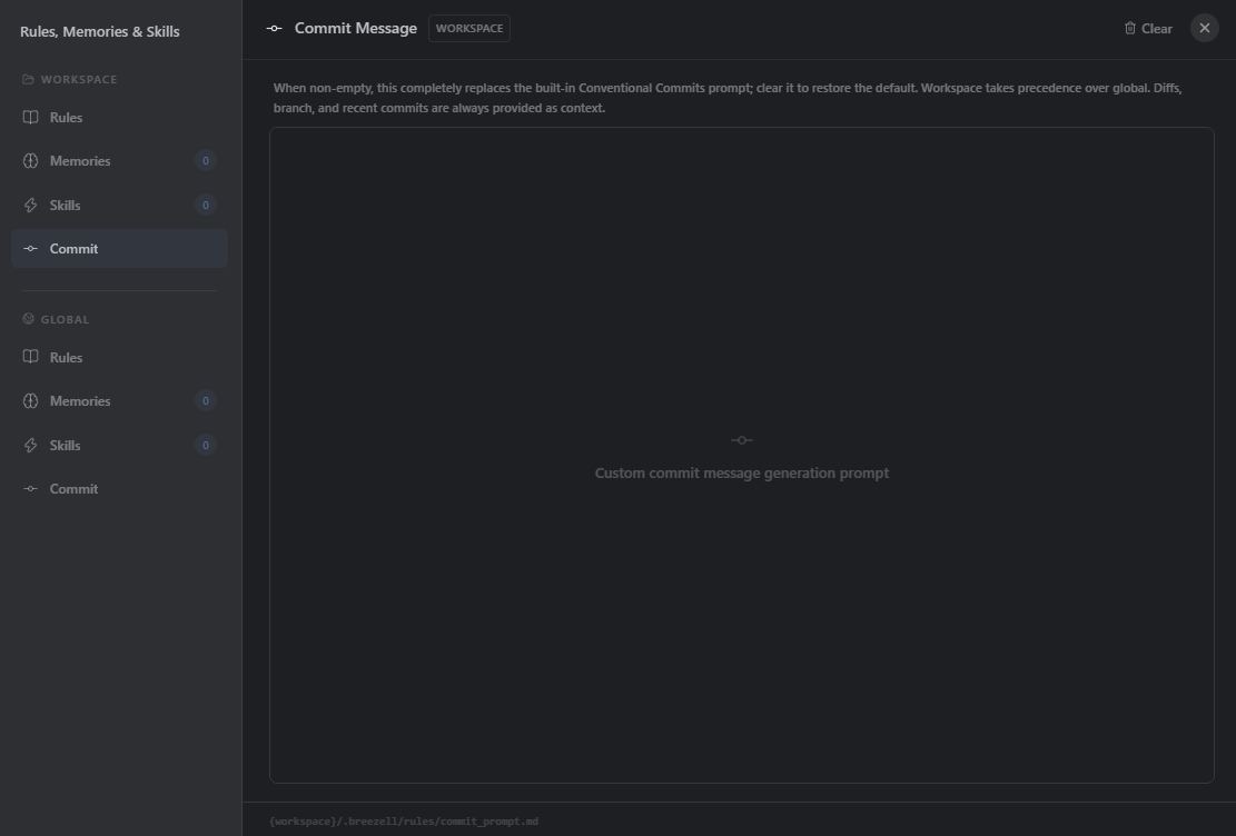 Workspace Commit Message settings