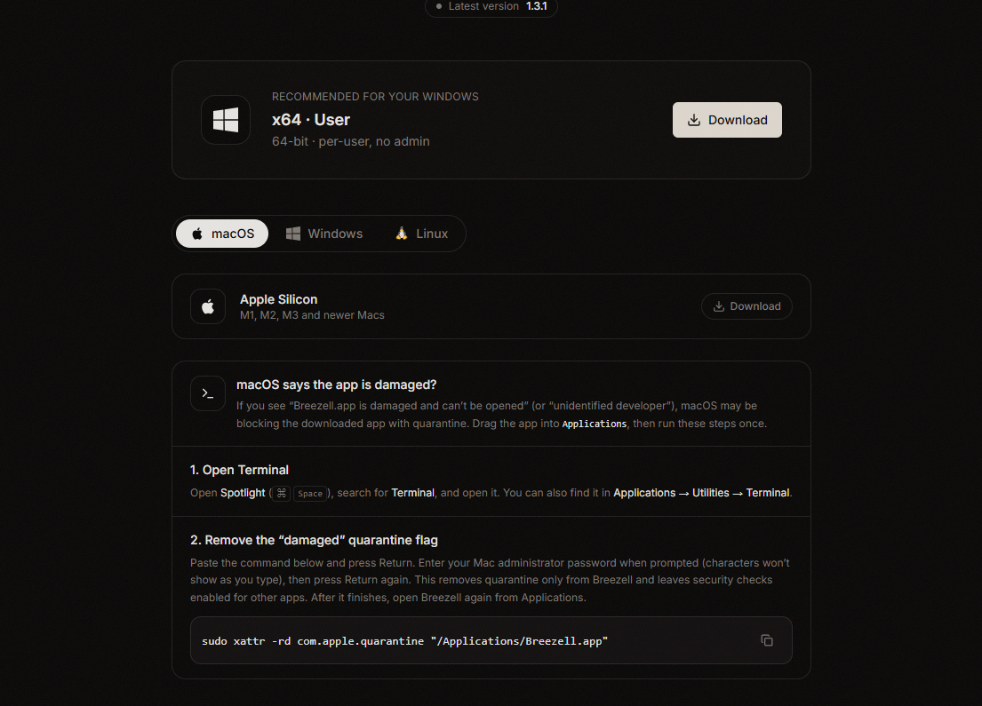 macOS Breezell 설치 및 앱 손상 경고 해결 방법